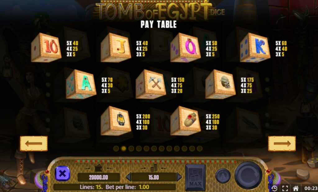 Tomb of Egypt Dice -  pay table